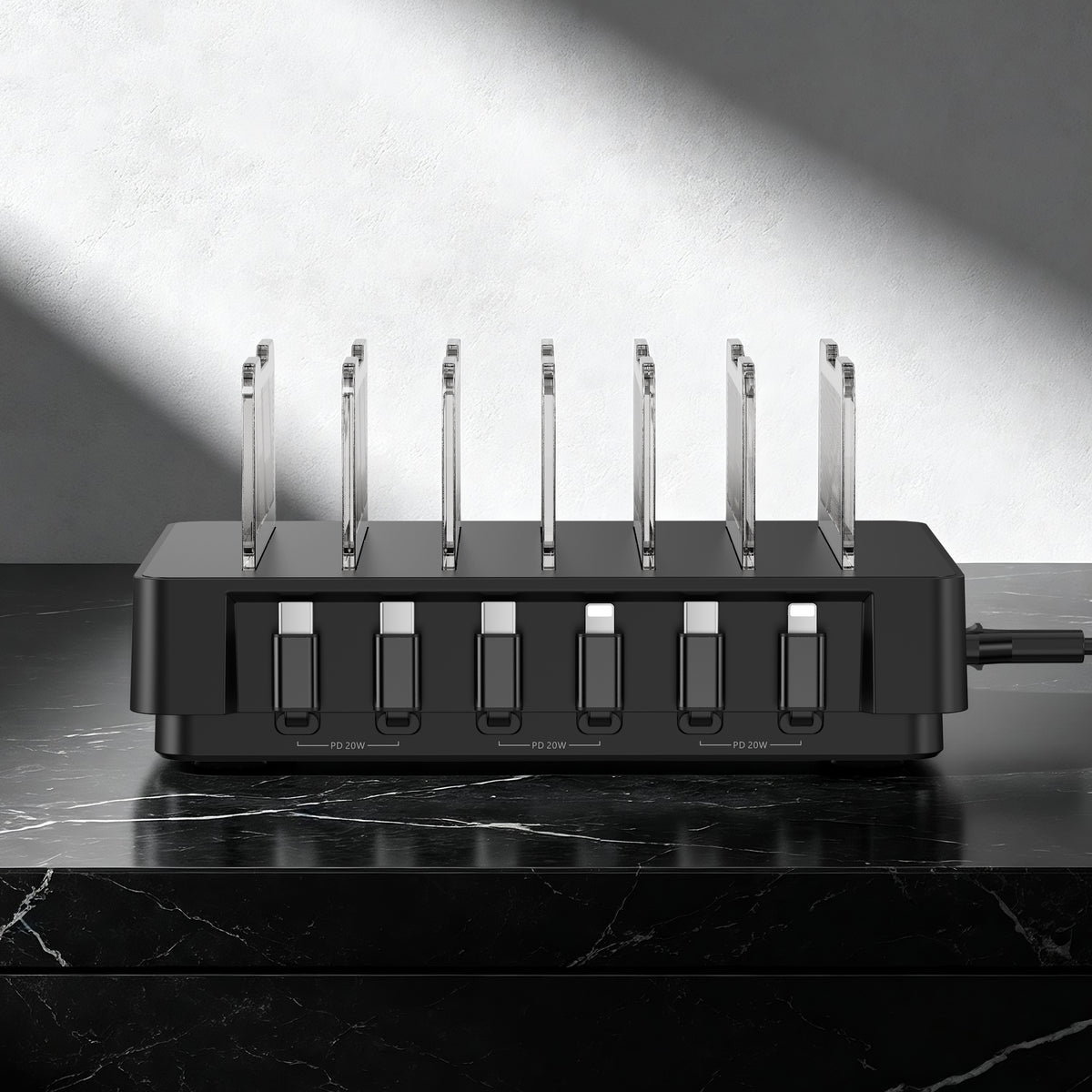 SooPii H1 6-port charging station powering phones and tablets simultaneously