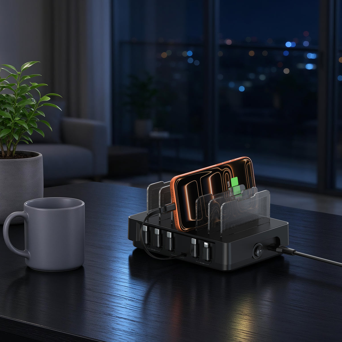 SooPii H1 retractable cable charging station — side angle, compact design