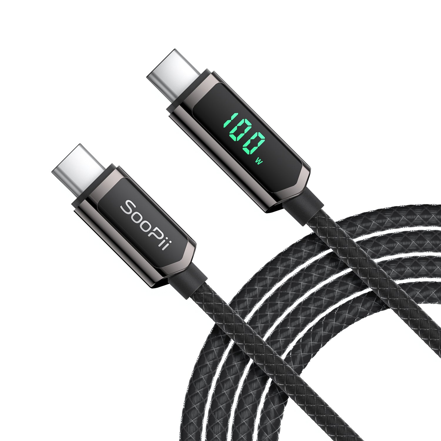 SooPii S08 USB-C to USB-C cable, 1.2m, 100W wattage, nylon-braided design, featuring wattage display