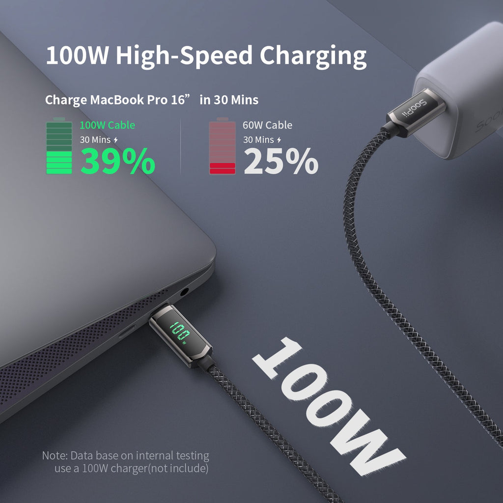 SooPii S08 USB-C to USB-C cable, 1.2m, nylon-braided, 100W wattage display, durable charging and data transfer cable