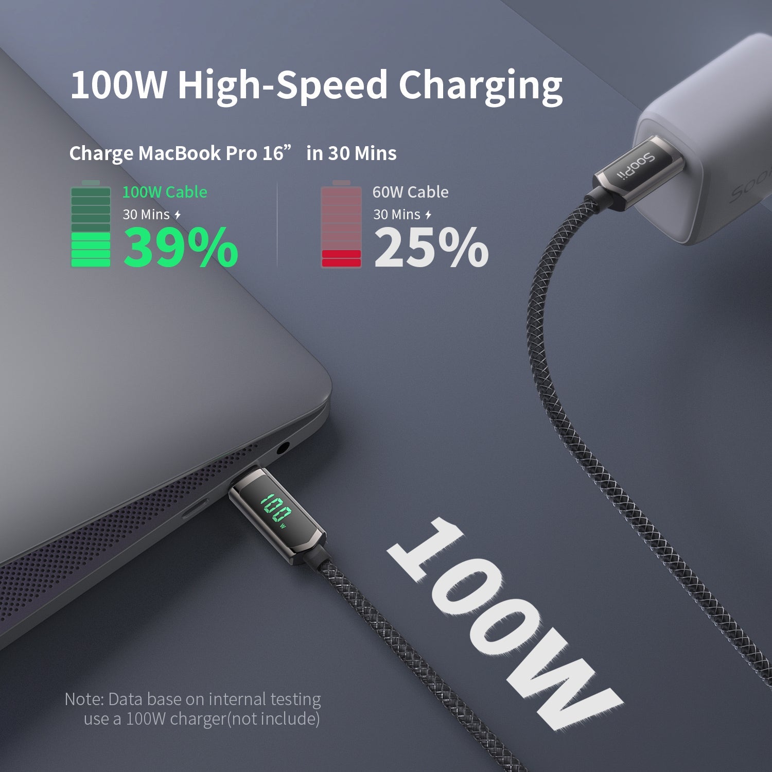 SooPii S08 USB-C to USB-C cable, 1.2m, nylon-braided, 100W wattage display, durable charging and data transfer cable