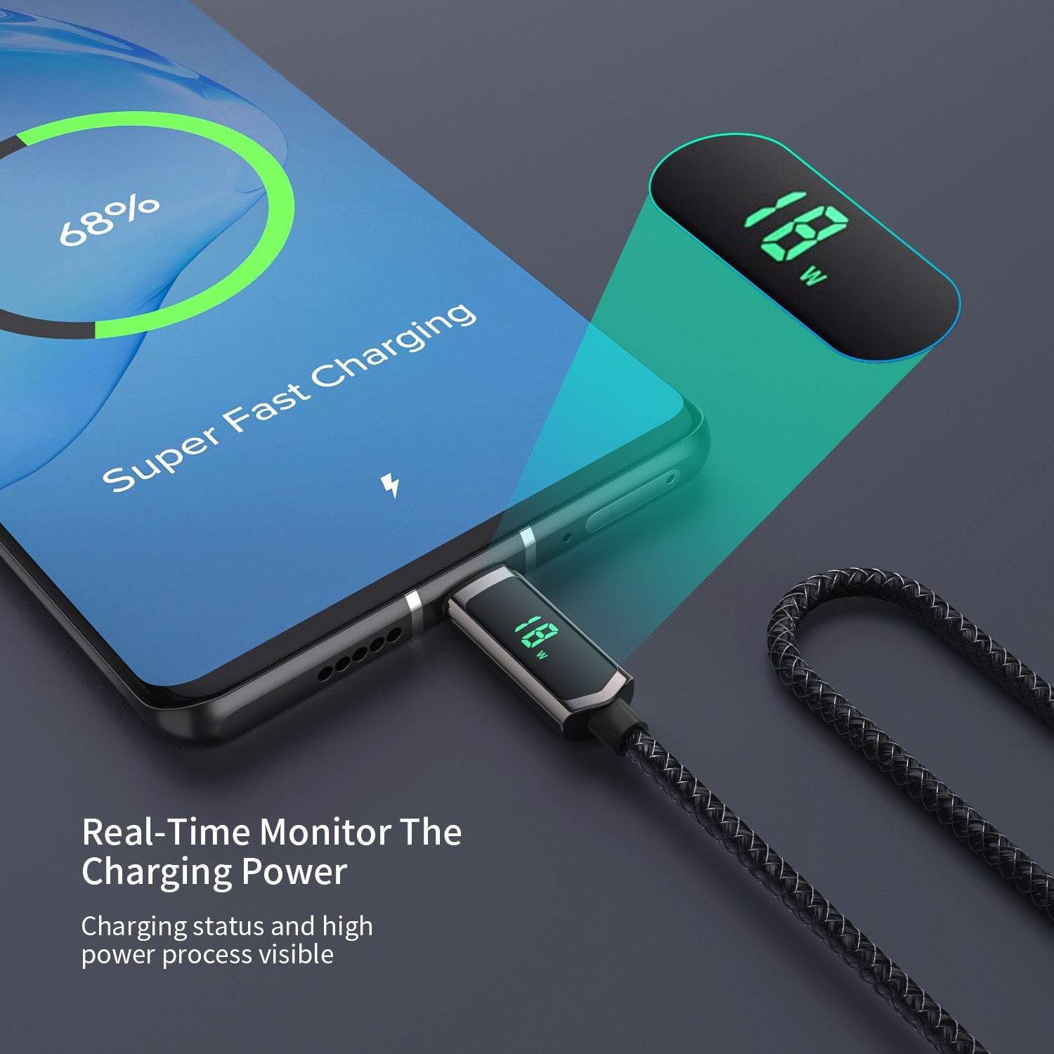 SooPii S08 USB-C to USB-C cable 1.2m with nylon braid, 100W wattage display for fast charging and data transfer.