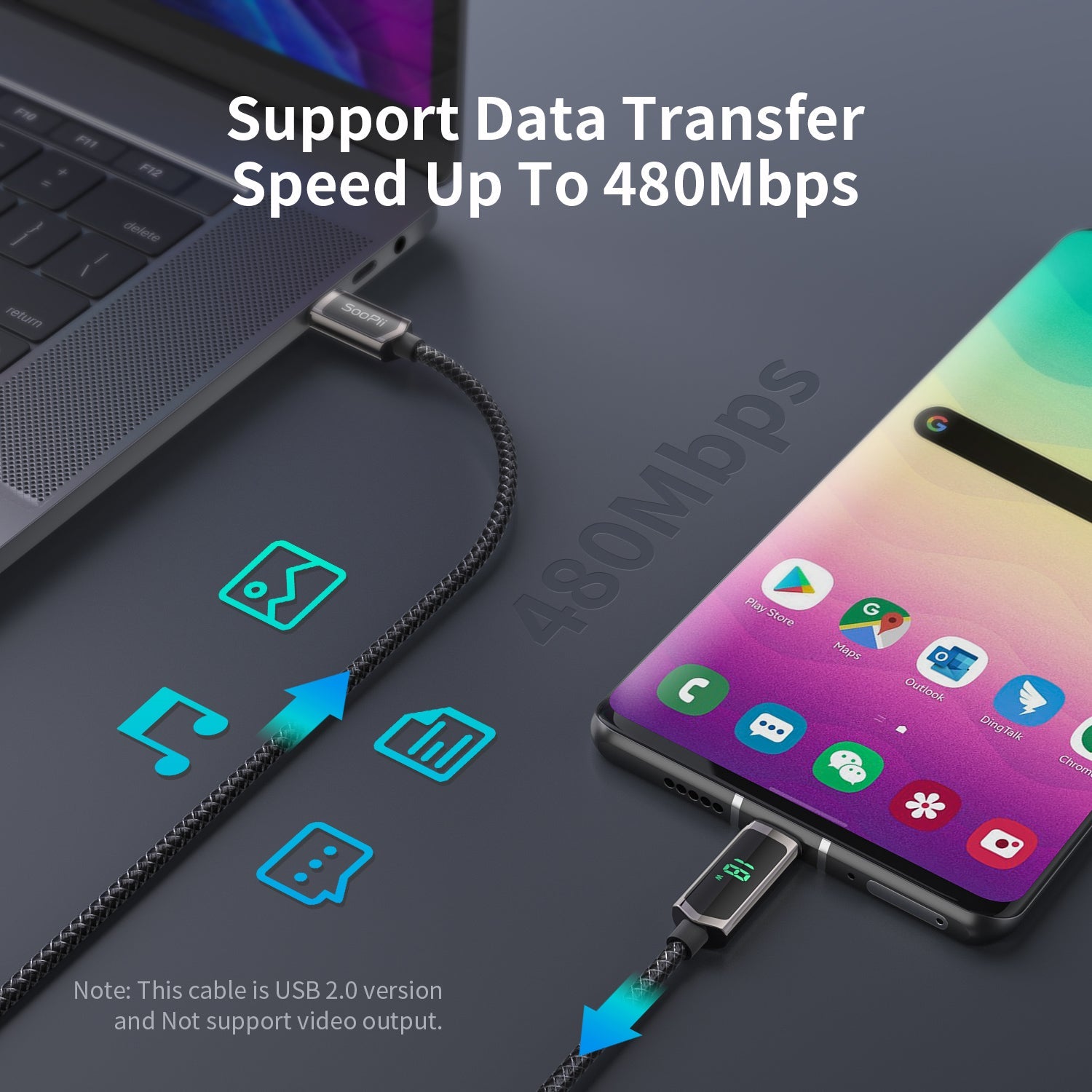 SooPii S08 USB-C to USB-C cable 1.2m with wattage display and nylon-braided design for fast 100W charging and data transfer