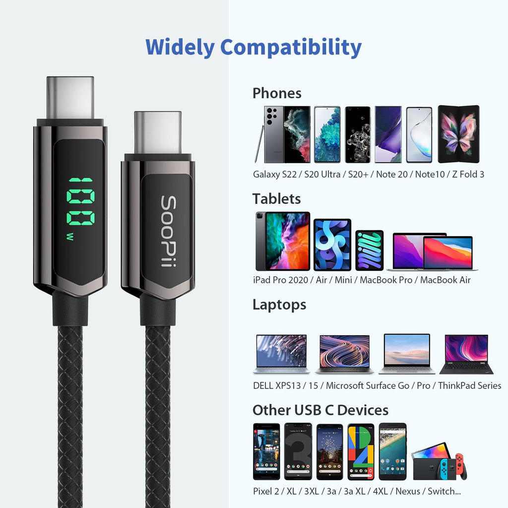 SooPii S08 USB-C to USB-C cable with 1.2m length, 100W power, wattage display, and nylon-braided design