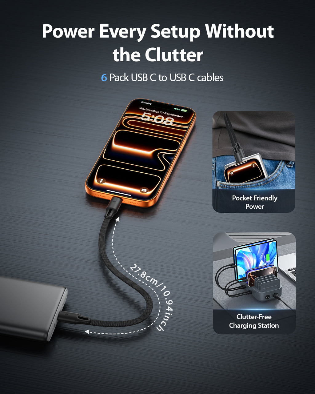 60W Flat Braided Short USB-C Cable 6-Pack with Clip — Detail 8