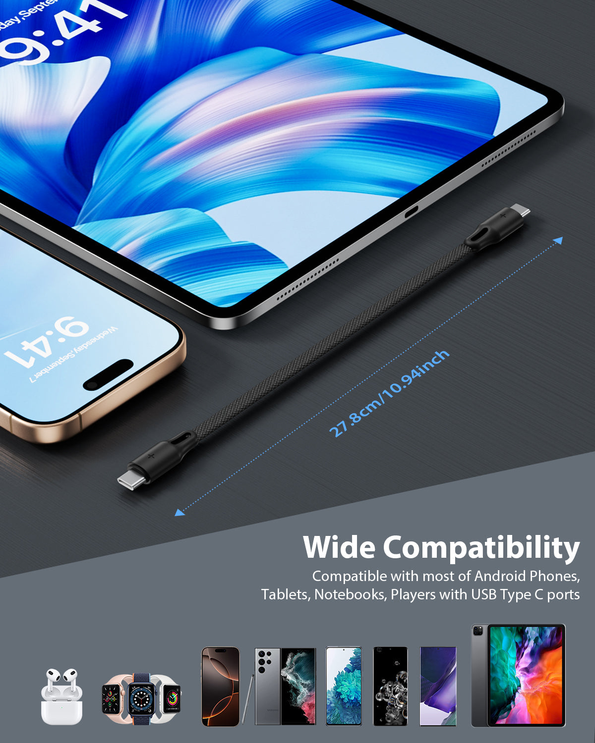 60W Flat Braided Short USB-C Cable 6-Pack with Clip — Safety protection