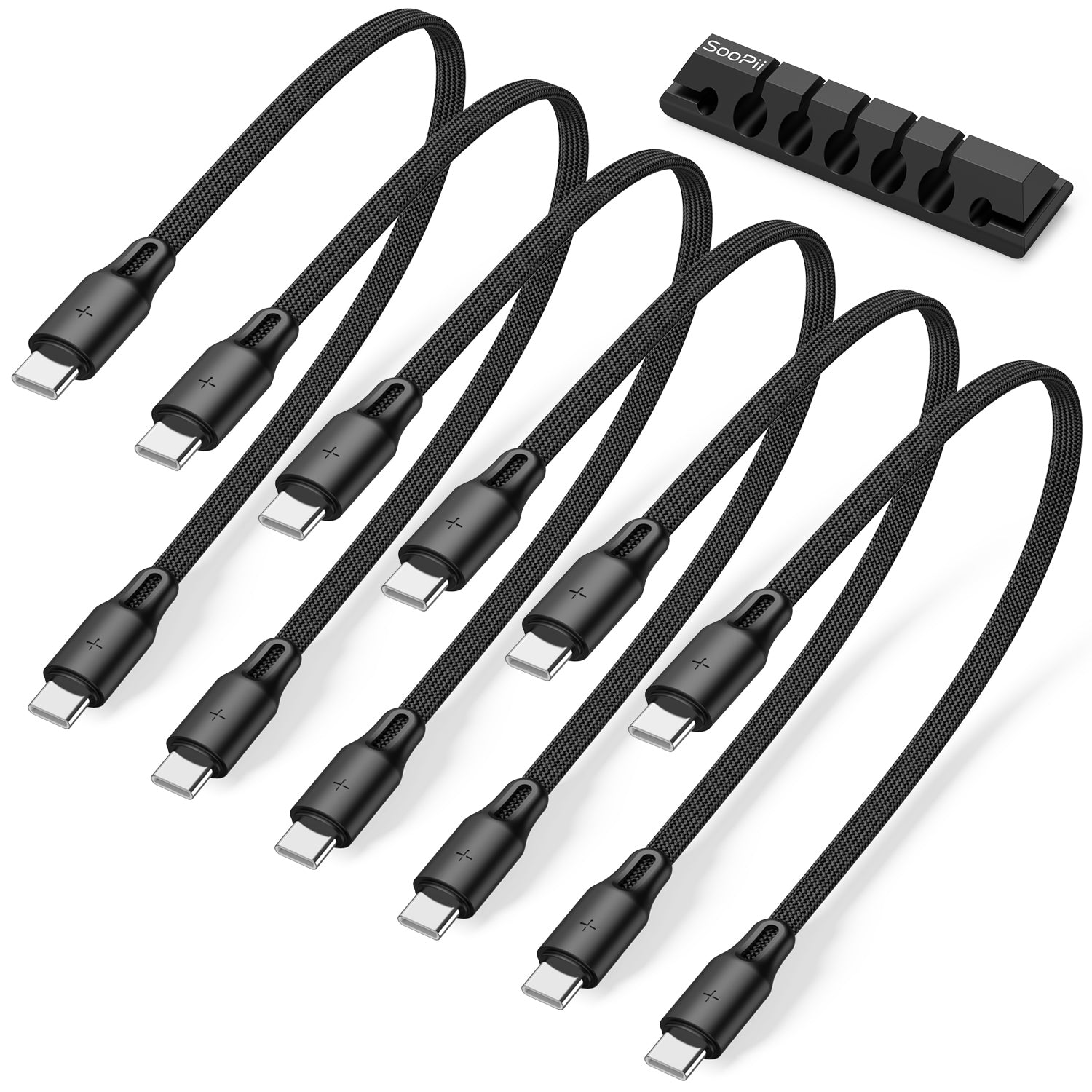 Six black USB-C to USB-C extension cables with braided protective sleeves and a matching black multi-port power adapter, arranged on a clean white background.