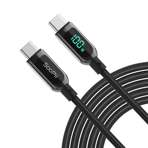 SooPii S10 USB-C to USB-C cable with 1.2m length, 100W power, nylon-braided design, and wattage display on the cable