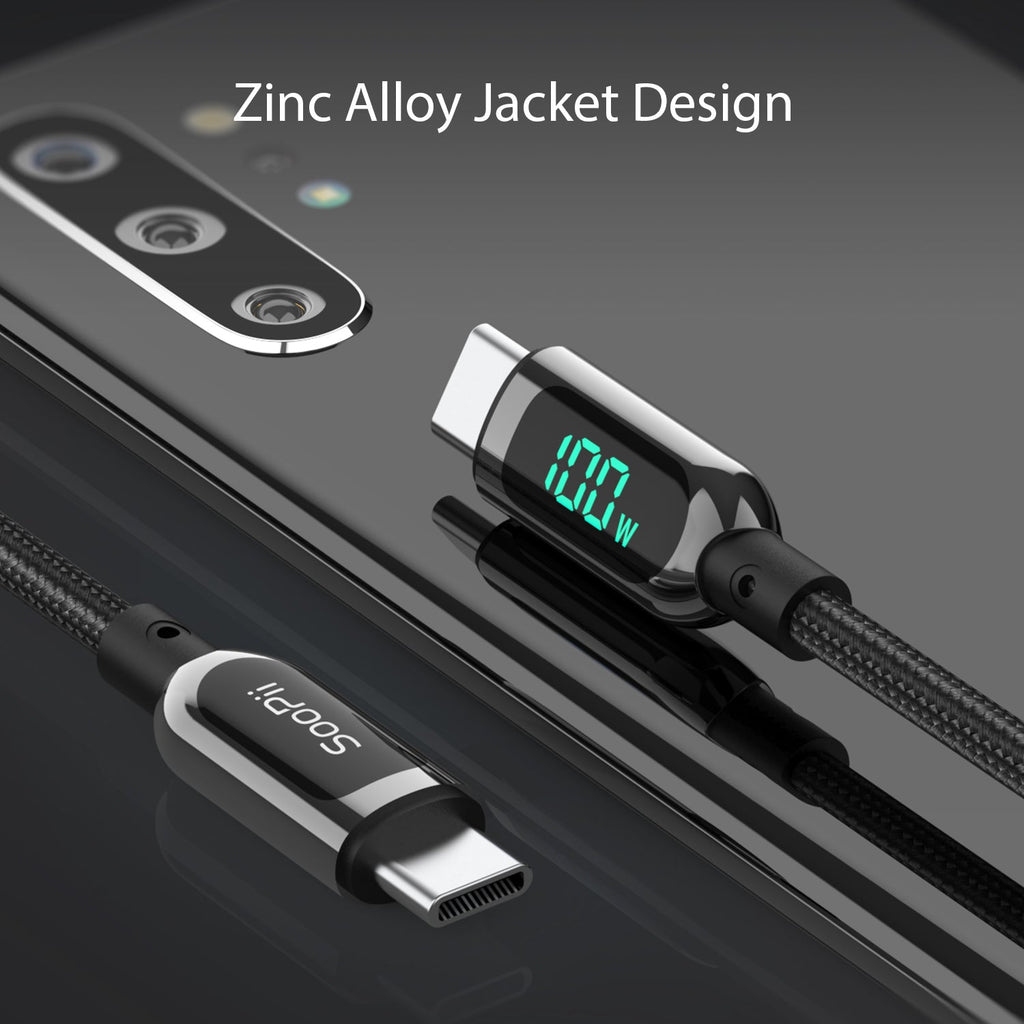 SooPii S10 USB-C to USB-C cable with 1.2m length, 100W power, wattage display, nylon-braided design