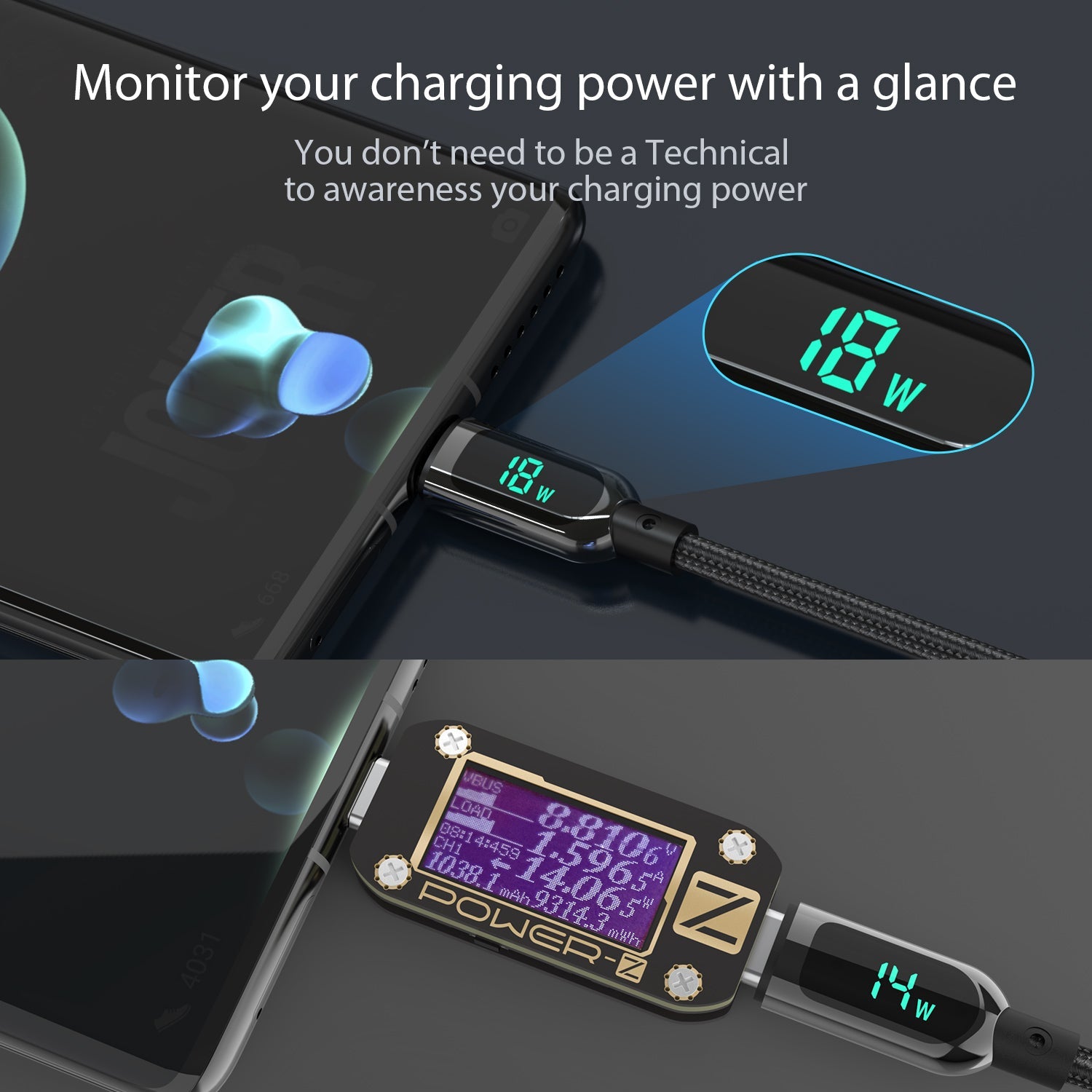 SooPii S10 USB-C to USB-C cable with 1.2m length, 100W power, wattage display, and nylon-braided design