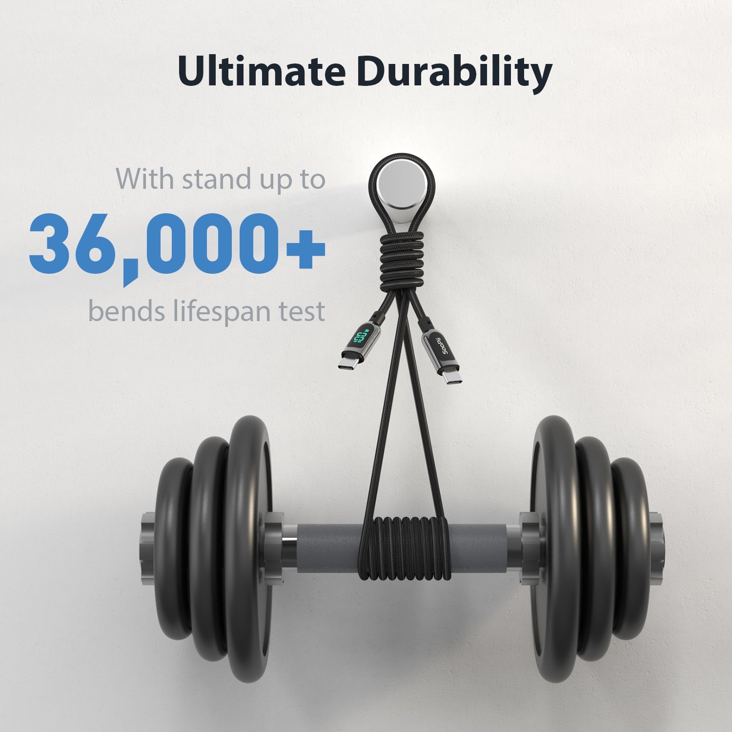 SooPii S10 USB-C to USB-C cable with 1.2m length, 100W power, wattage display, nylon-braided design, shown in close-up.
