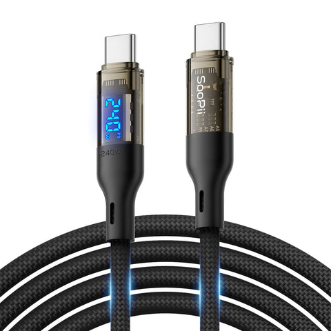 SooPii S45 USB-C to USB-C cable with 1.2m length, 100W power, wattage display, and nylon-braided design.