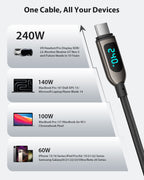 S70CC 240W USB-C Cable 4ft Nylon Braided with LED Wattage Display — Size and dimensions