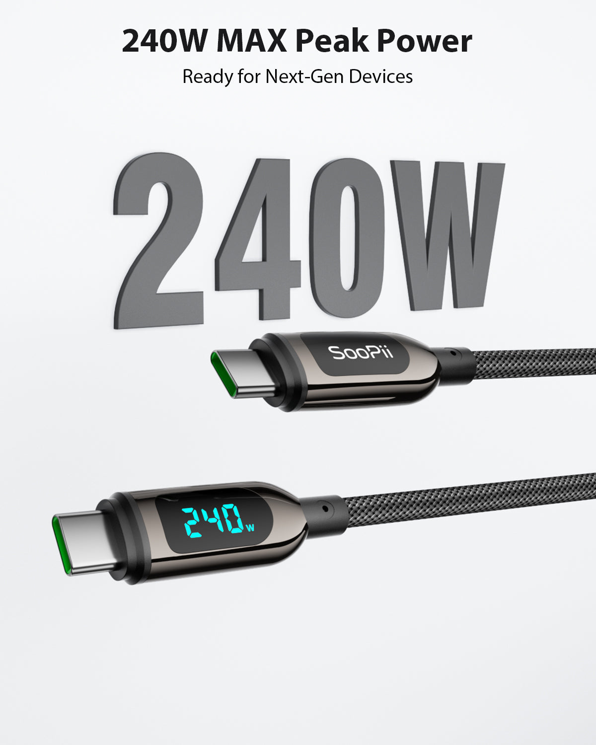 S70CC 240W USB-C Cable 4ft Nylon Braided with LED Wattage Display — Key features