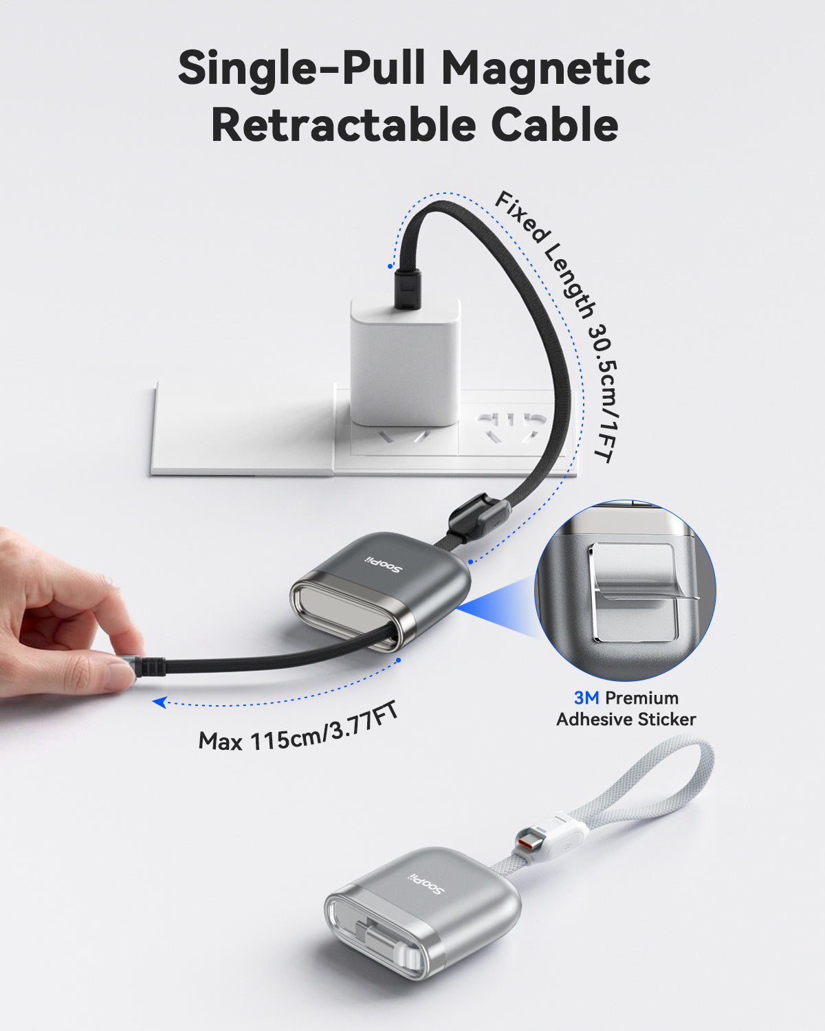 240W Retractable USB-C Cable with Magnetic Slot Single-Pull — Key features