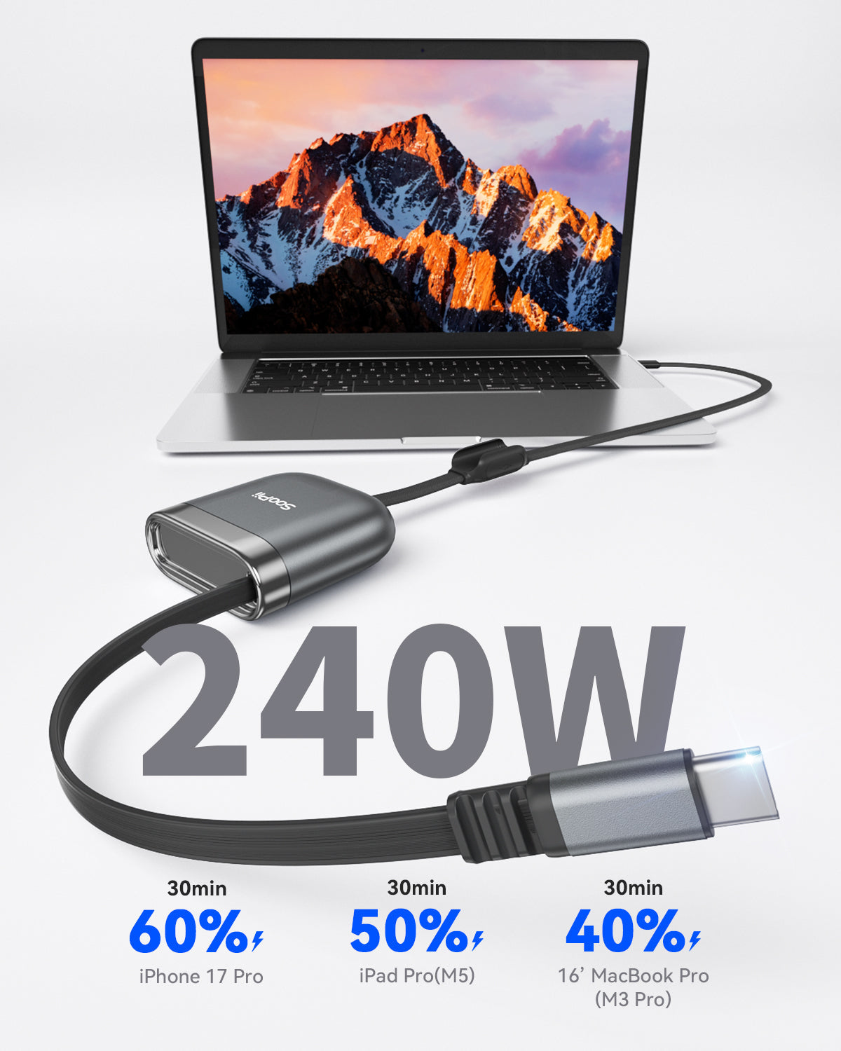 240W Retractable USB-C Cable with Magnetic Slot Single-Pull — Safety protection