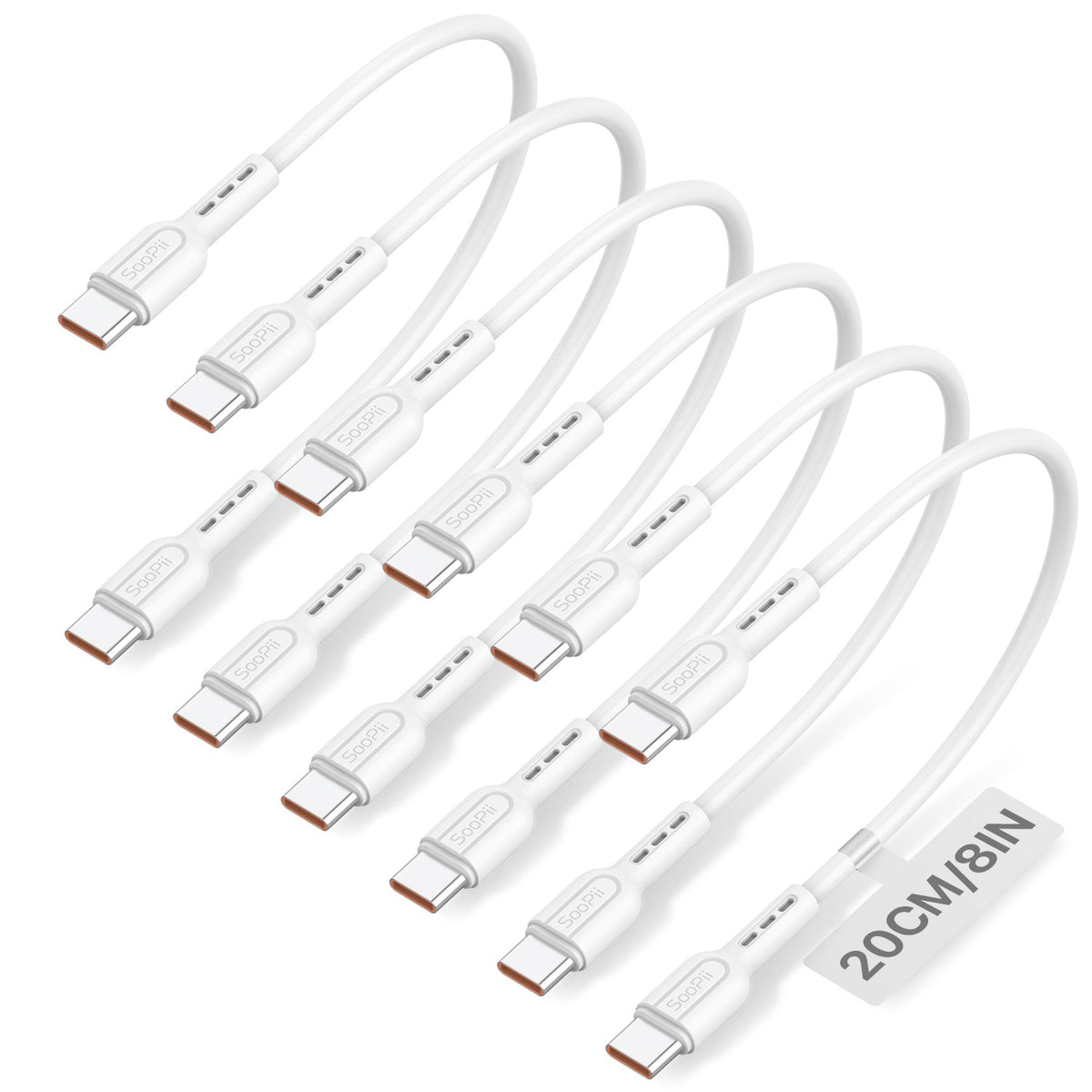 Six white USB-C to USB-C charging cables arranged diagonally on a white background, with a small tag reading 20CM/8IN.