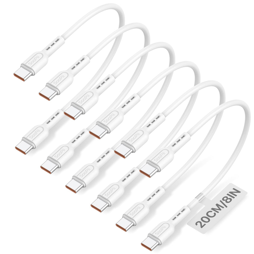 Six white USB-C to USB-C charging cables arranged diagonally on a white background, with a small tag reading 20CM/8IN.