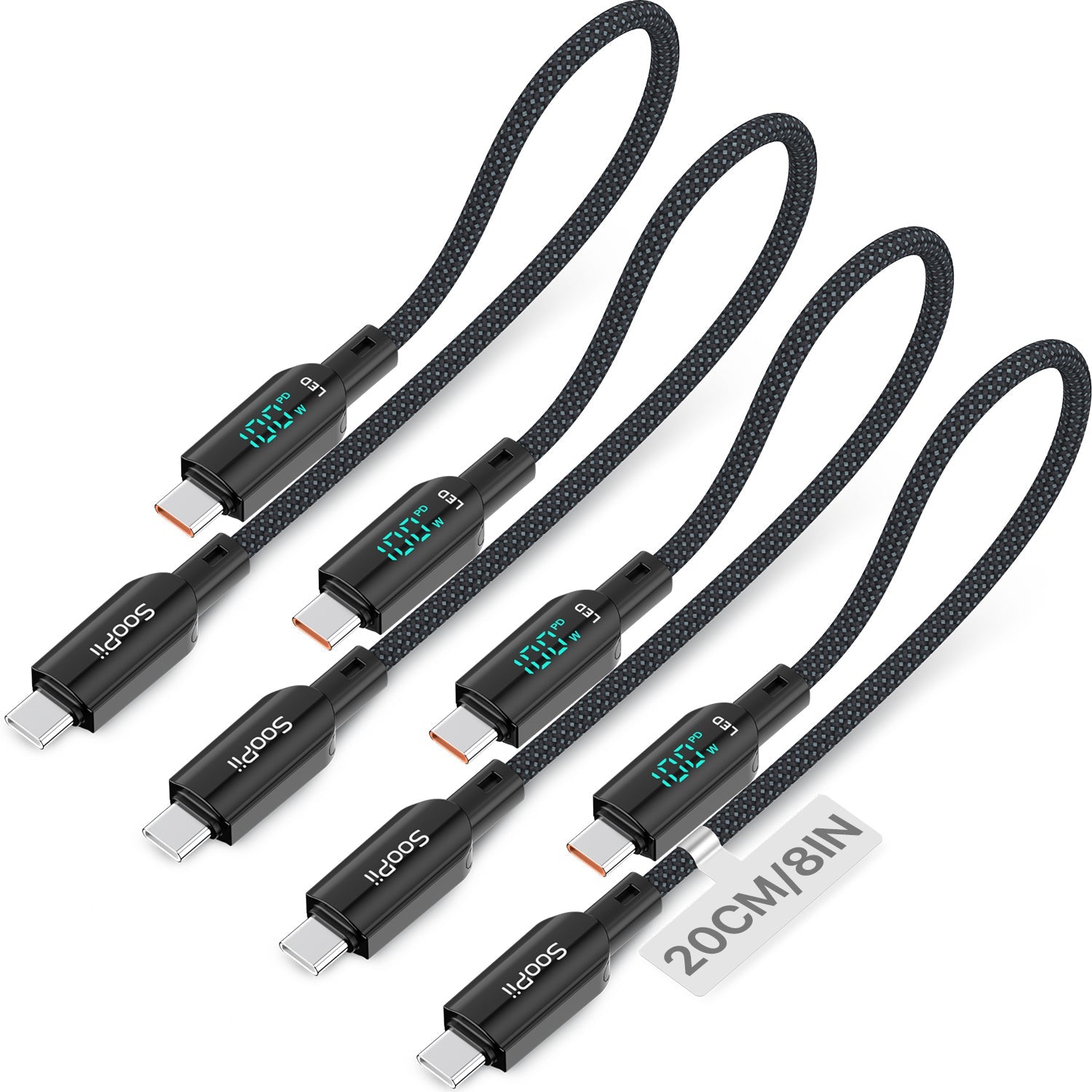 100W 4-Pack Short USB-C Cable with LED Display – 0.7FT Braided — Main product photo