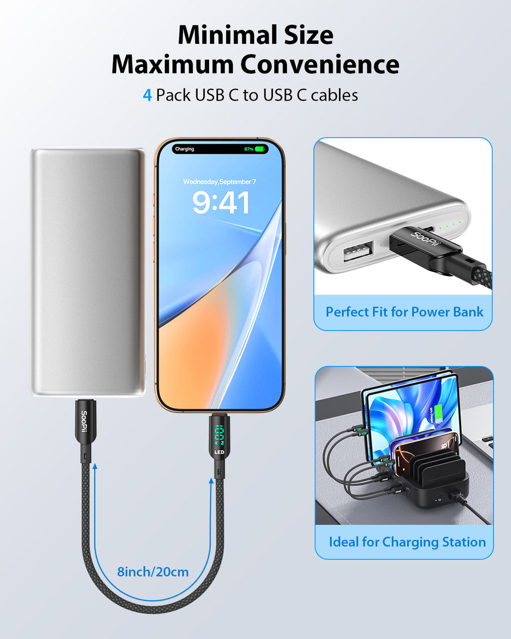 100W 4-Pack Short USB-C Cable with LED Display – 0.7FT Braided — Safety protection