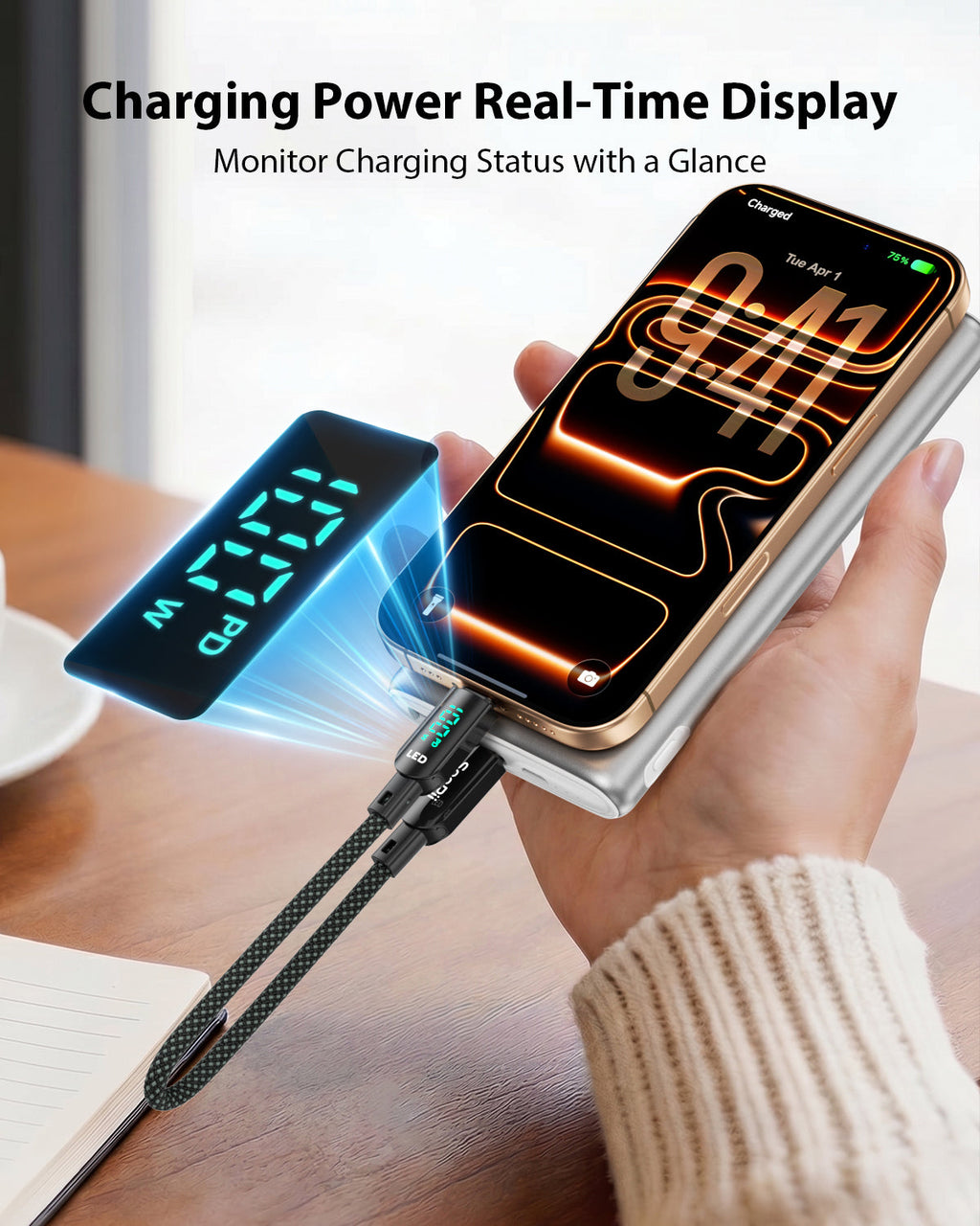 100W 4-Pack Short USB-C Cable with LED Display – 0.7FT Braided — Size and dimensions