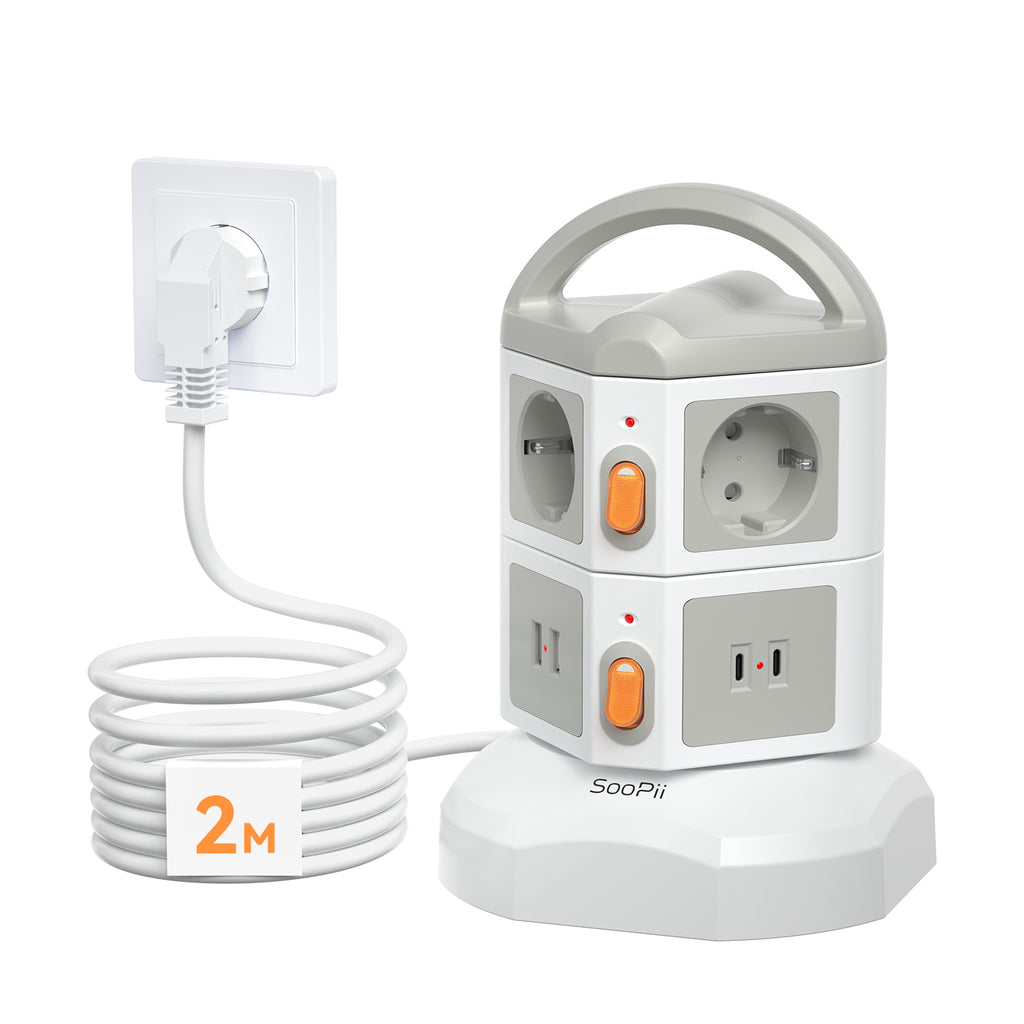 A white and gray SoopPii 3-way power strip with orange switches, shown with its coiled white power cord on a white background.