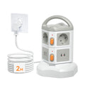 A white and gray SoopPii 3-way power strip with orange switches, shown with its coiled white power cord on a white background.