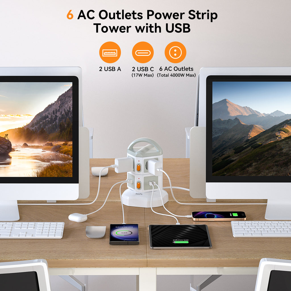 EU-TPS06 2-Tier Power Tower, 6 AC + 4 USB, 4000W — Size and dimensions