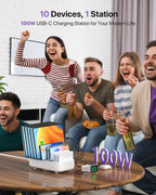SooPii CS102 charging station with 10 ports, 100W power, 3PD, and 10 mixed cables for multi-device charging.