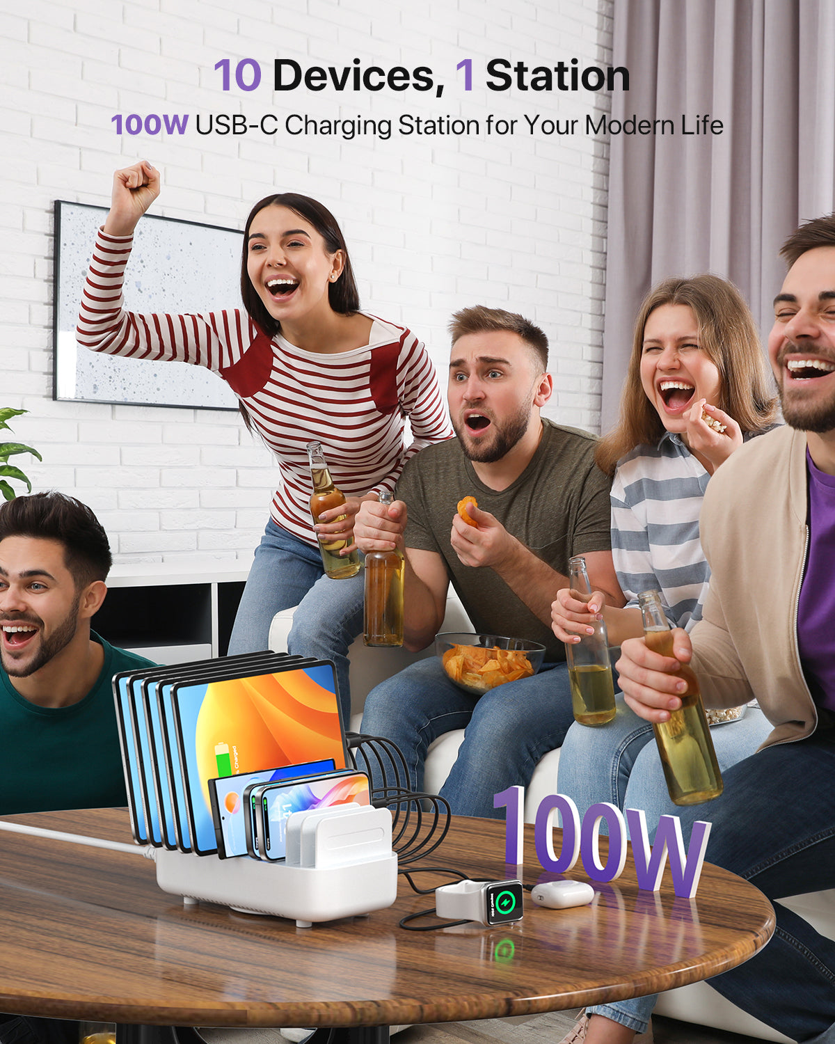 SooPii CS102 charging station with 10 ports, 100W power, 3PD, and 10 mixed cables for multi-device charging.