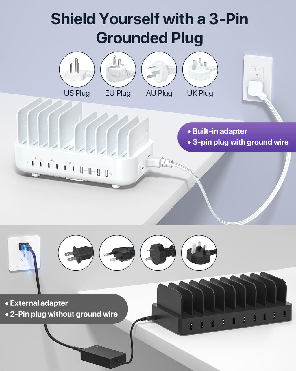 SooPii CS102 charging station with 10 ports and 3 PD, featuring 10 mixed charging cables for versatile device charging.