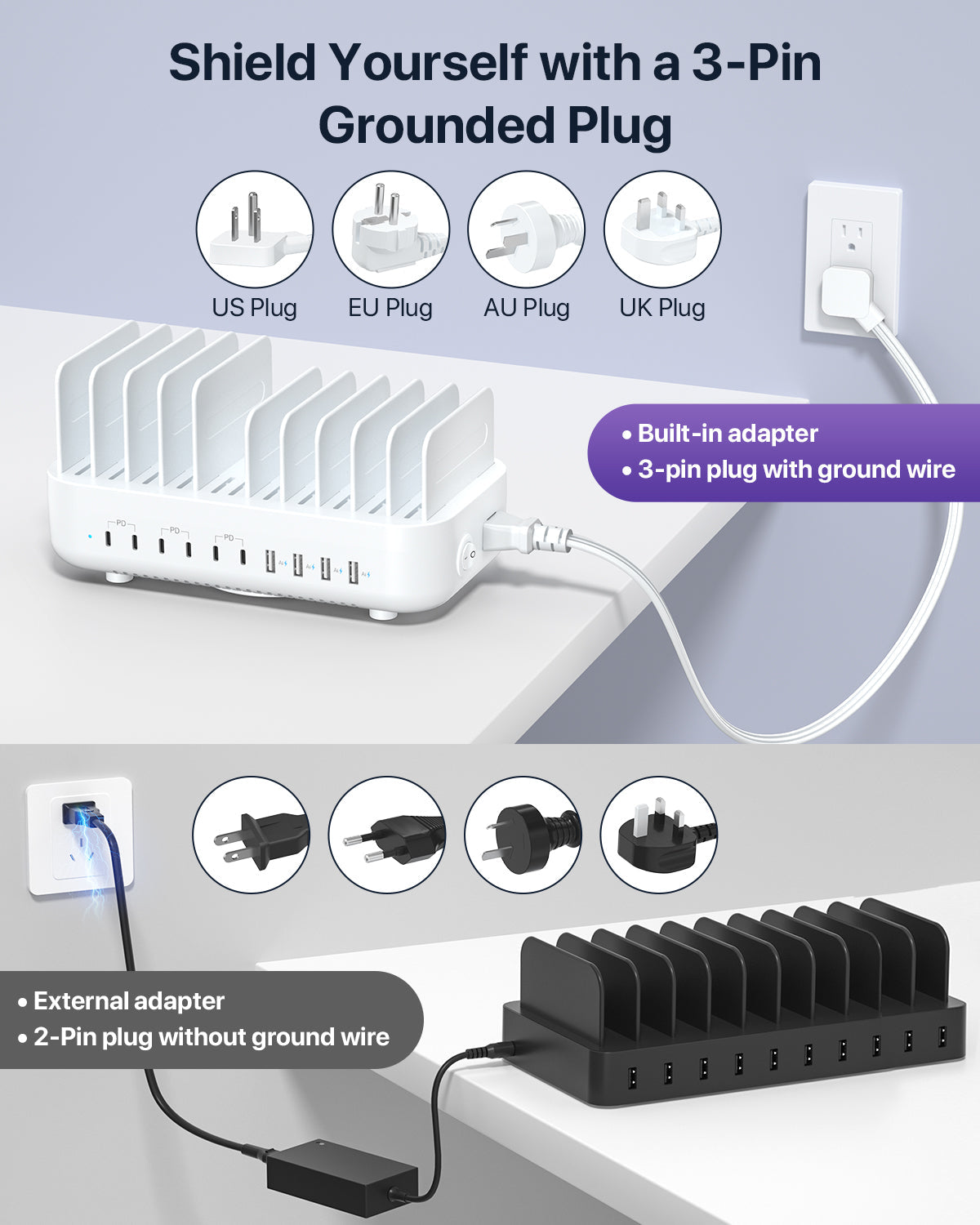 SooPii CS102 charging station with 10 ports and 3 PD, featuring 10 mixed charging cables for versatile device charging.