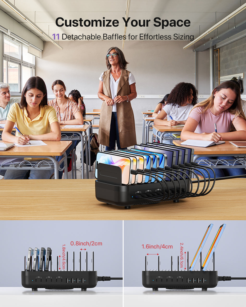 SooPii CS102 100W 10-port charging station — front view with cables