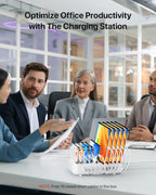 SooPii CS102 charging station with 10 ports and mixed cables, 100W power, 3PD fast charging, and sleek black design.