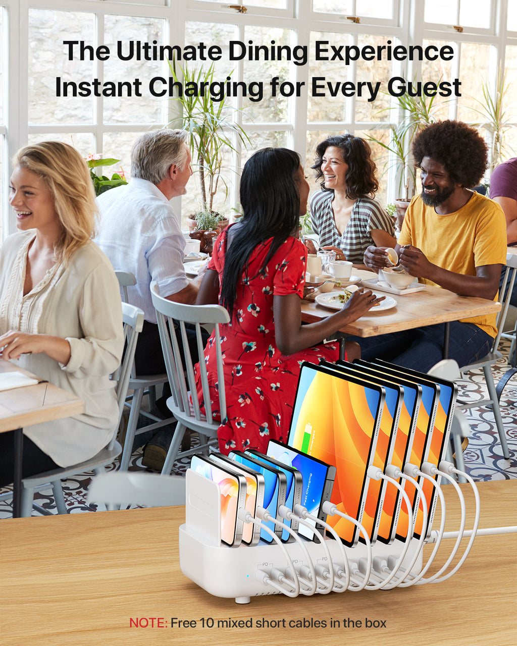 SooPii CS102 charging station with 10 ports and mixed cables, 100W power, 3PD fast charging, compact and versatile design.