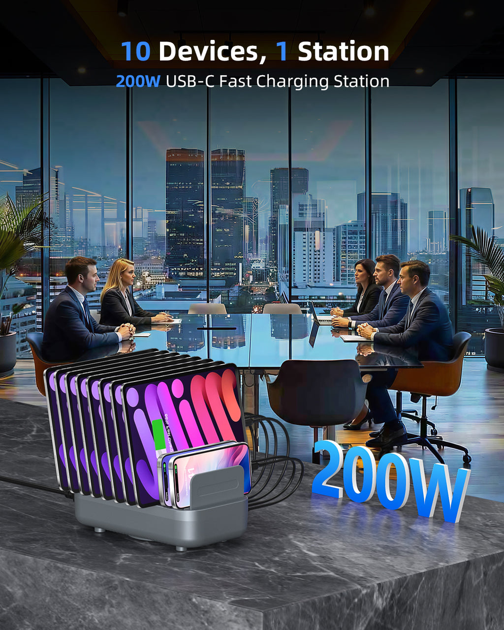 CS200 Charging Station(200W,10 Ports,10PD) with 10 mixed cables — Fast charging feature