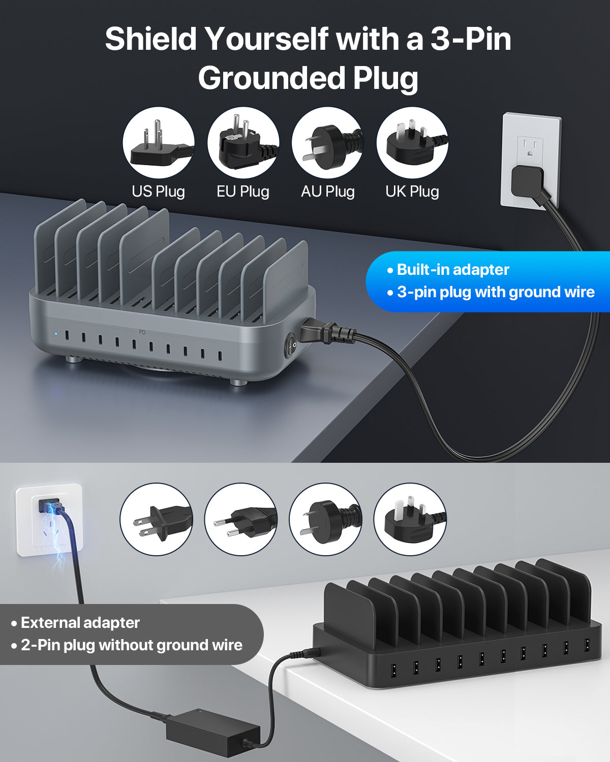 CS200 Charging Station(200W,10 Ports,10PD) with 10 mixed cables — Safety protection