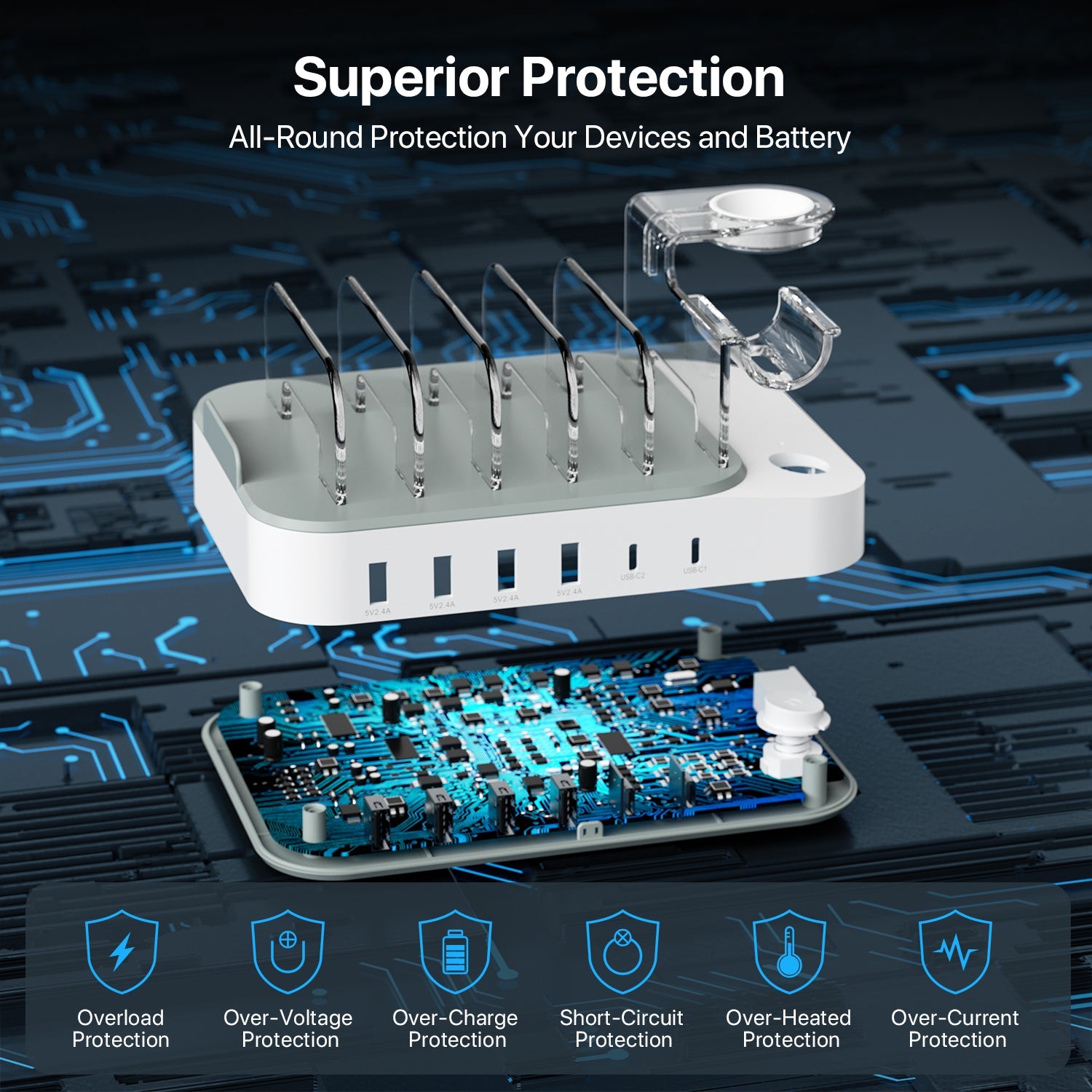 SooPii CS65 Charging Station with 6 ports, 60W power, 2 PD, and six mixed cables for efficient device charging.