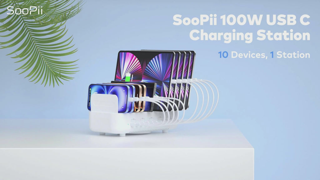 SooPii CS101 10-Port USB-C Ladestation (100W, 10 PD Ports) mit 10 USB-C Kabeln